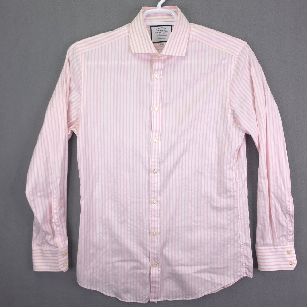 Charles Tyrwhitt Dress Shirt Extra Slim Fit Pink White Stripe 15.5 34 Cotton
